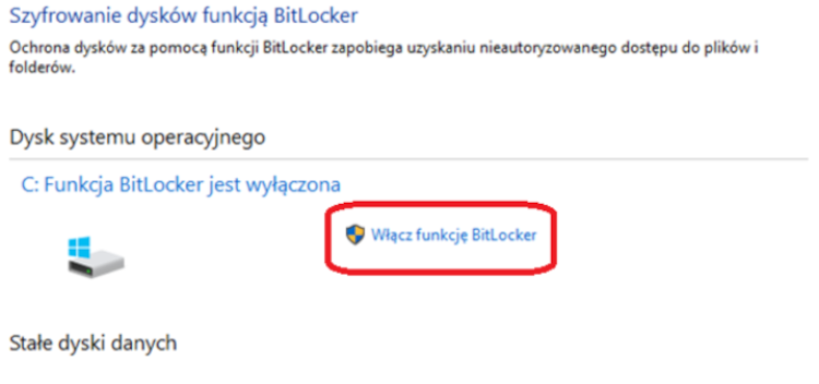 Informacja o dostępności przycisku "Włącz funkcje BitLocker"