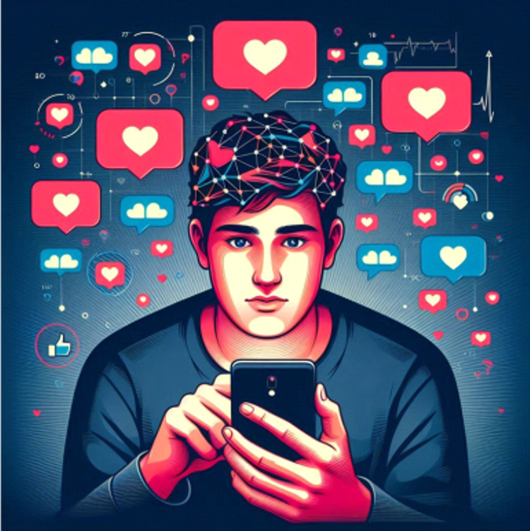 Grafika wygenerowana przez AI zawierająca popiersie młodego człowieka trzymającego telefon, z liniami wskazującymi na intensywną pracę mózgu, otoczonego licznymi serduszkami typu "like"