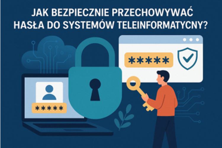 Grafika reklamowa z napisem: "Jak bezpiecznie przechowywać hasła do systemów teleinformatycznych". Na grafice ludzka postać trzymająca klucz na tle okien logowania z wpisanymi hasłami w postaci gwiazdek