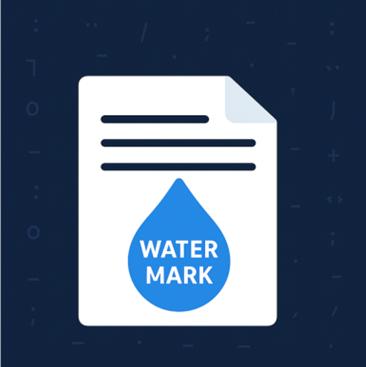 Grafika z zagiętą w narożniku kartką, kilkoma liniami obrazującymi tekst oraz dużą kroplą wody z napisem: "Water Mark"