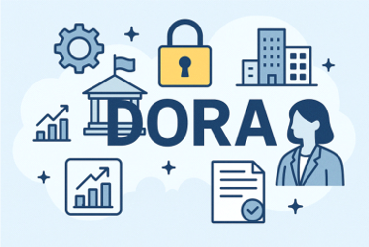 Grafika z napisem DORA. Zawiera również symbole typu: koło zębate, kłódka, wykres, kartka papieru, budynki itp.