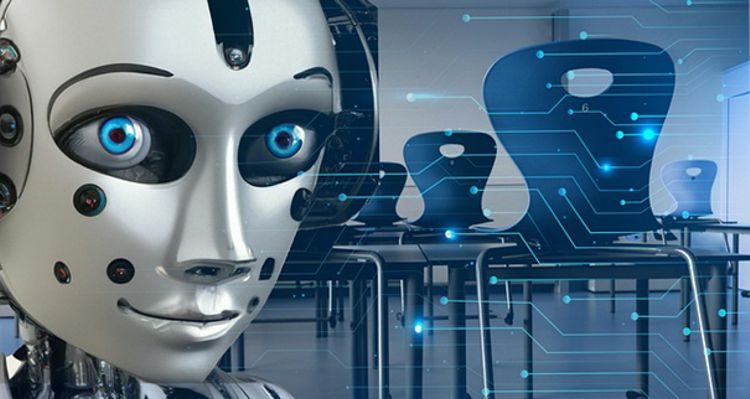 Humanoidalny robot z niebieskimi oczami na tle abstrakcyjnej grafiki z napisem AI i świecącymi elementami technologicznymi