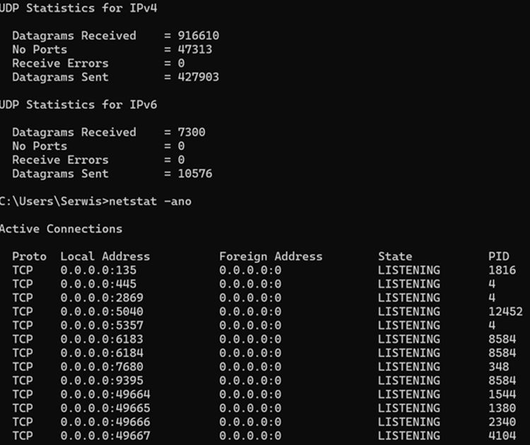 Zrzut ekranu konsoli Windows z wynikami poleceń netstat pokazującymi statystyki UDP dla IPv4/IPv6 oraz aktywne połączenia TCP