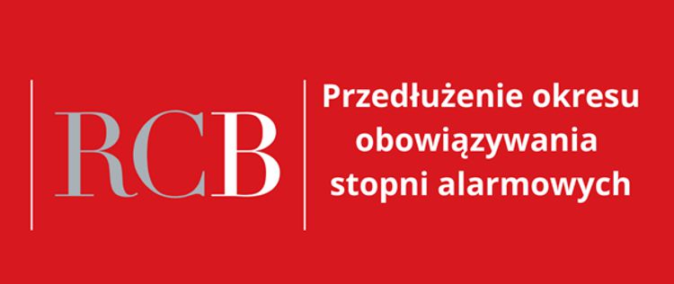Logo Rządowego Centrum Bezpieczeństwa na czerwonym tle z napisem - Przedłużenie okresu obowiązywania stopni alarmowych