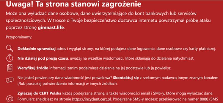 Czerwone ostrzeżenie phishingowe o podejrzanej stronie gimnast.life z zaleceniami bezpieczeństwa od CERT Polska