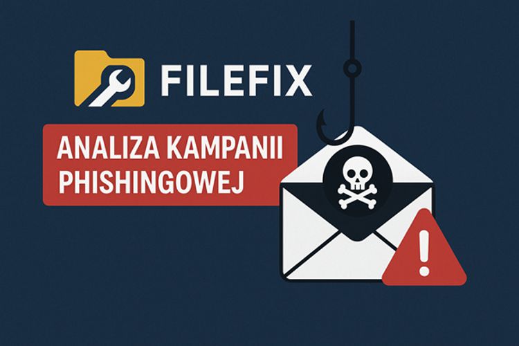 Grafika FILEFIX z napisem Analiza kampanii phishingowej - koperta z czaszką i haczykiem wędkarskim symbolizującym phishing