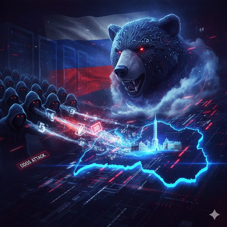 Cybernetyczny niedźwiedź oraz grupa hakerów na tle rosyjskiej flagi atakują granice Łotwy