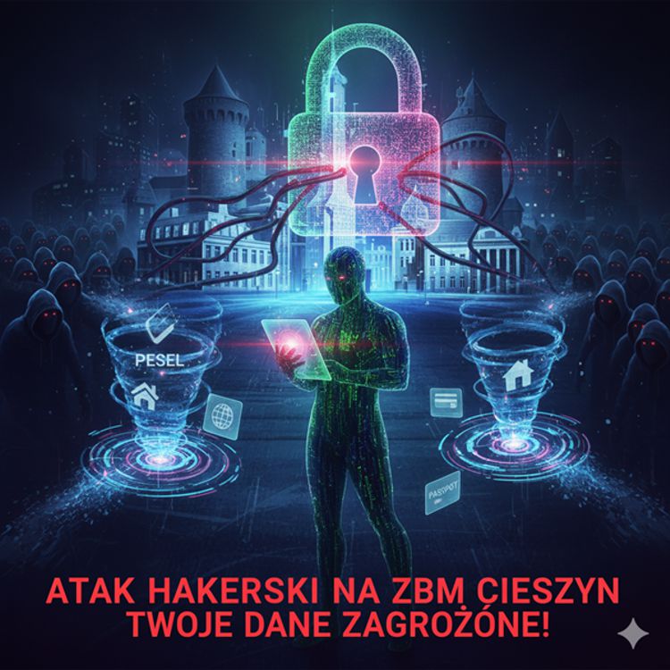 Ostrzeżenie o ataku hakerskim na ZBM Cieszyn - haker z laptopem na tle cyfrowej kłódki i napisem Twoje dane zagrożone