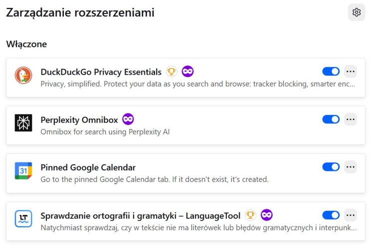 Na zdjęciu widać narzędzia ułatwiające codzienną pracę  DuckDuckGo,  Perplexity, Google calendar, Language Tool