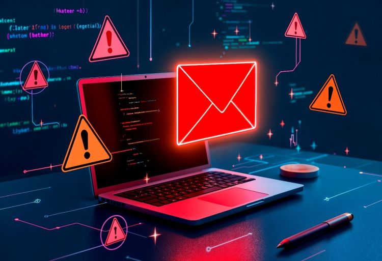 Zdjęcie przedstawia laptopa z kopertą nawiązującą do bezpieczeńśtwa poczty e-mail.