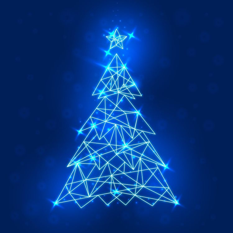 Na zdjęciu widać rozświetloną na niebiesko choinkę na niebieskim tle