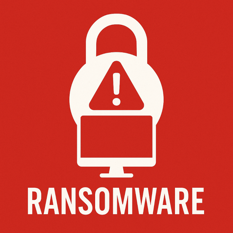 Znak ostrzegwaczy z napisem ransomware na czerwonym tle
