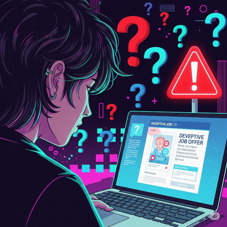 Ilustracja przedstawia osobę siedzącą przy laptopie, na którego ekranie widoczna jest strona internetowa z ostrzeżeniem o „deceptive job offer” (oszukańcza oferta pracy). W tle znajdują się liczne kolorowe znaki zapytania oraz czerwony znak ostrzegawczy z wykrzyknikiem, co podkreśla tematykę zagrożenia i niepewności związanej z ofertami pracy w internecie. Całość utrzymana jest w nowoczesnej, cyfrowej stylistyce.