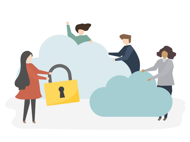 Zdjęcie przedstawia grupę ludzi w chmurach. Jest też osoba trzymająca kłódkę 