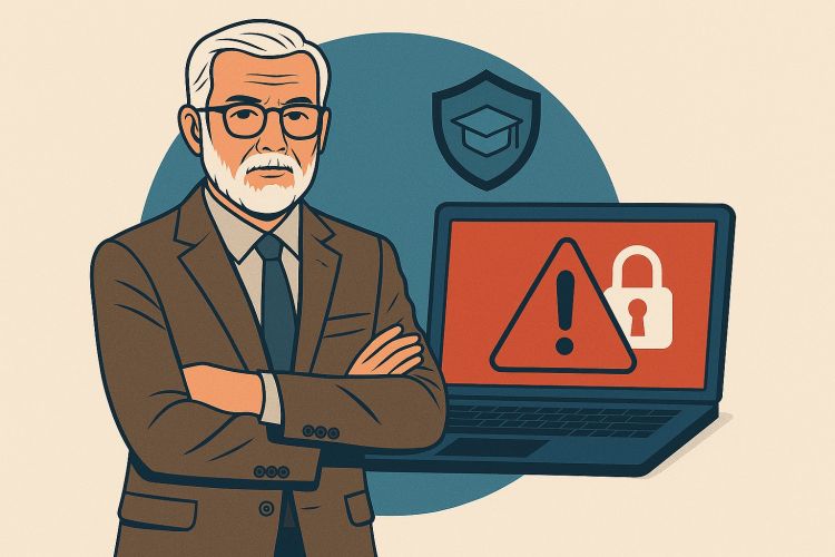 Ilustracja przedstawia starszego mężczyznę w garniturze i okularach, stojącego z założonymi rękami obok laptopa. Na ekranie komputera widoczny jest czerwony komunikat ostrzegawczy z symbolem wykrzyknika oraz kłódki, co sugeruje zagrożenie bezpieczeństwa lub problem z ochroną danych. W tle znajduje się tarcza z symbolem czapki akademickiej, co może nawiązywać do edukacji lub instytucji szkolnej.