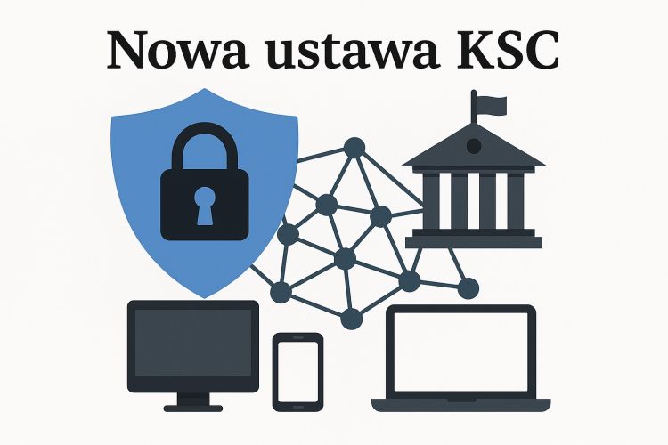 Grafika z napisem „Nowa ustawa KSC” przedstawia symbole związane z cyberbezpieczeństwem i administracją publiczną. Widać tarczę z kłódką, budynek instytucji państwowej, połączoną sieć węzłów oraz urządzenia elektroniczne – komputer, smartfon i laptop. Ilustracja sugeruje regulacje dotyczące bezpieczeństwa systemów informatycznych i ochrony danych w sektorze publicznym oraz cyfrowym.