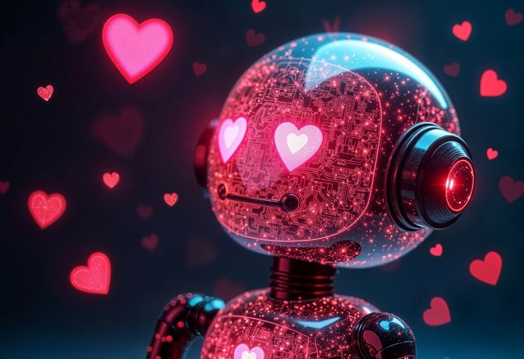 Obrazek przedstawia futurystycznego robota z przezroczystą głową, w której widać układy elektroniczne i świecące serca. Wokół unoszą się różowe serduszka, co sugeruje motyw miłości i sztucznej inteligencji.
