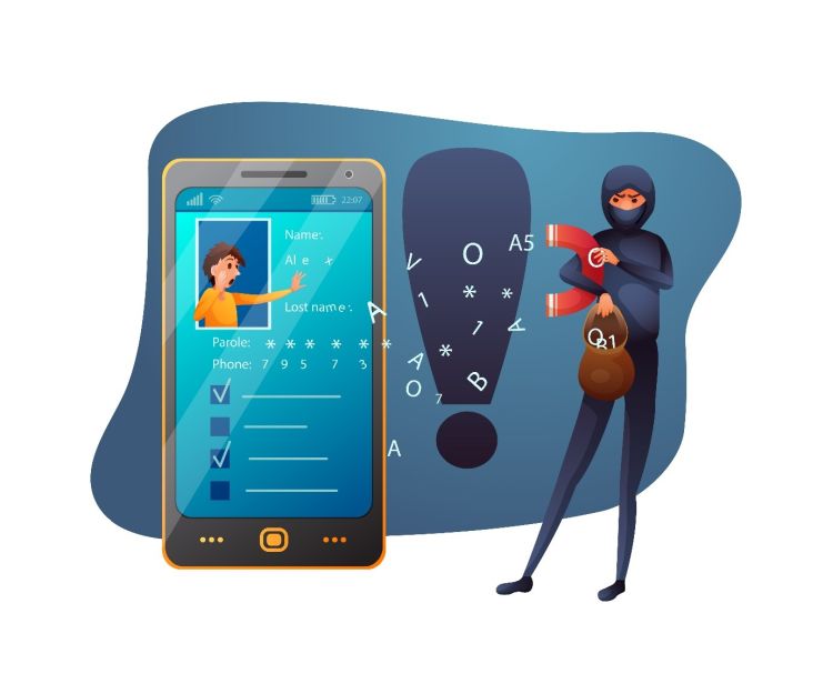 Na obrazku widać ilustrację przedstawiającą phishing lub kradzież danych. Obok smartfona z formularzem logowania stoi zamaskowana postać z magnesem i workiem, symbolizująca przechwytywanie haseł i informacji.