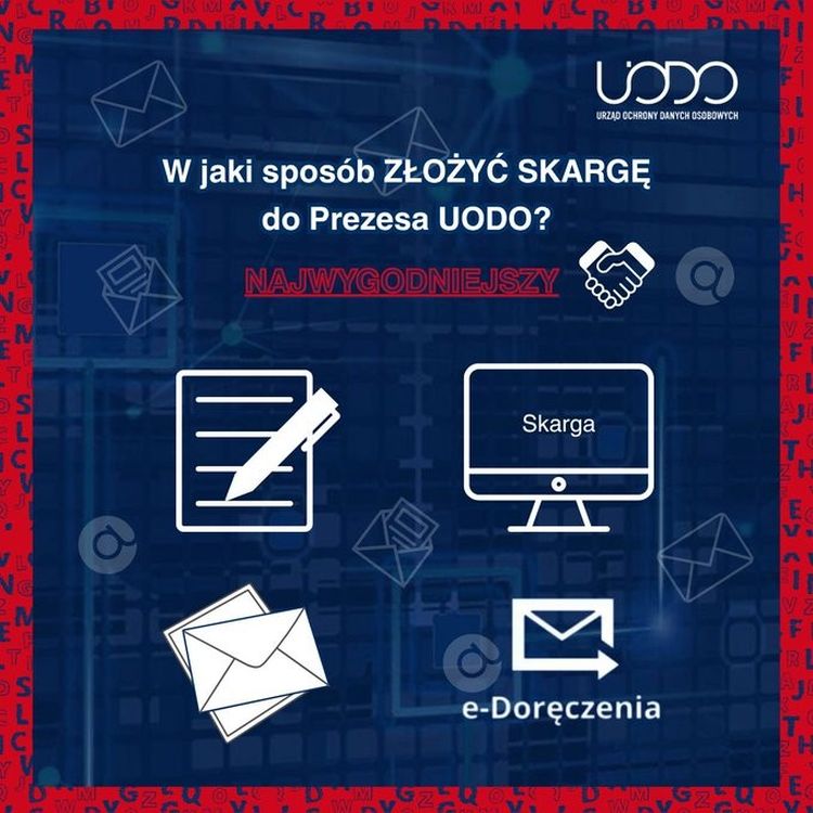 To grafika informacyjna dotycząca składania skargi do Prezesa UODO (Urzędu Ochrony Danych Osobowych).  Pokazuje różne sposoby złożenia skargi — m.in. pisemnie (formularz), elektronicznie (komputer) oraz przez e-Doręczenia lub pocztę — podkreślając najwygodniejsze opcje.