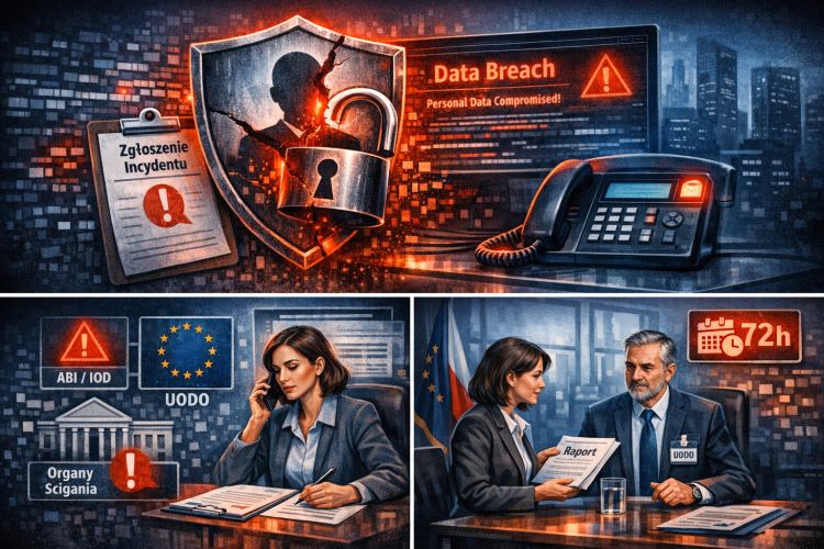 Grafika przedstawia sytuację naruszenia danych osobowych („data breach”). Widać symboliczne elementy cyberataku (tarcza, kłódka, ostrzeżenia), a także sceny zgłaszania incydentu — kontakt telefoniczny, przygotowanie dokumentów i przekazanie raportu do odpowiednich instytucji (np. UODO), z zaznaczeniem obowiązku zgłoszenia w ciągu 72 godzin.