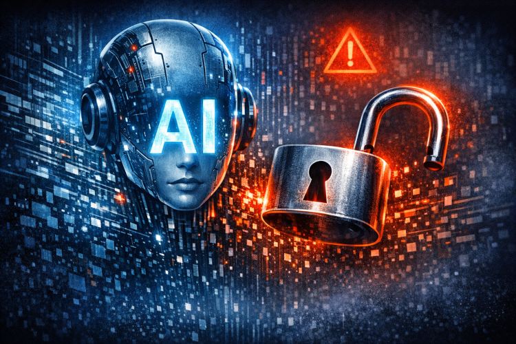 Obraz przedstawia futurystyczną wizję sztucznej inteligencji: humanoidalną głowę robota z napisem „AI” na oczach, otoczoną cyfrowym tłem. Obok widoczna jest otwarta kłódka oraz symbol ostrzeżenia, co sugeruje temat bezpieczeństwa danych, cyberzagrożeń lub ryzyka związanego z AI.