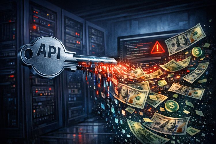 Obraz pokazuje symboliczny klucz z napisem „API” w środowisku serwerowni. Z klucza „wypływają” cyfrowe dane oraz banknoty dolarowe, a obok widoczny jest znak ostrzegawczy. Sugeruje to temat bezpieczeństwa API, możliwych wycieków danych lub strat finansowych związanych z cyberatakami.