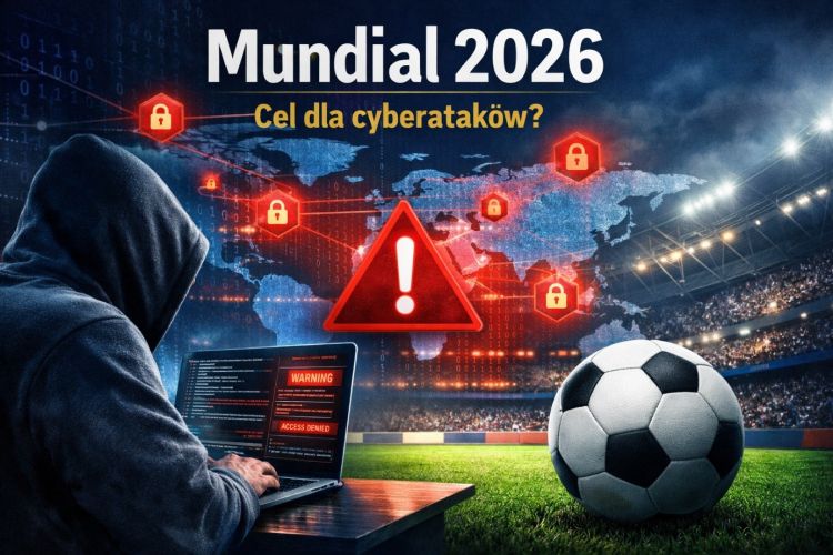 Obraz przedstawia grafikę ilustrującą zagrożenia cyberbezpieczeństwa związane z Mundialem 2026. Widać zamaskowaną postać pracującą przy laptopie, stadion piłkarski oraz piłkę nożną. Na tle mapy świata umieszczono symbole kłódek i znak ostrzegawczy, sugerujące możliwość cyberataków wymierzonych w infrastrukturę i uczestników tego międzynarodowego wydarzenia sportowego.