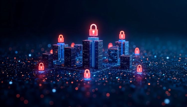 zabezpieczania infrastruktury IT Obraz przedstawia symboliczną wizualizację cyberbezpieczeństwa. Widoczne są budynki przypominające centrum danych lub miejską infrastrukturę cyfrową, nad którymi unoszą się czerwone ikony kłódek symbolizujące ochronę danych i systemów. Grafika nawiązuje do zabezpieczania infrastruktury IT, sieci oraz informacji przed cyberzagrożeniami.