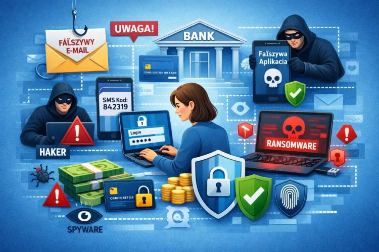 Najczęstsze zagrożenia w bankowości elektronicznej Obraz przedstawia ilustrację prezentującą najczęstsze zagrożenia w bankowości elektronicznej i cyberbezpieczeństwie. W centrum znajduje się osoba korzystająca z bankowości internetowej, otoczona symbolami fałszywych e-maili, złośliwych aplikacji, ransomware, spyware oraz hakerów. Grafika zwraca uwagę na ryzyko phishingu, wyłudzania danych i infekcji złośliwym oprogramowaniem, podkreślając znaczenie bezpiecznego korzystania z usług bankowych online.