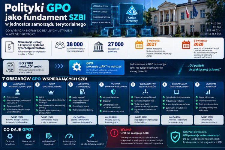 Obraz przedstawia infografikę dotyczącą polityk GPO jako elementu bezpieczeństwa IT w jednostkach samorządowych. Pokazuje wykorzystanie Active Directory i GPO do zarządzania dostępem, ochrony komputerów, monitoringu oraz standaryzacji środowiska pracy.