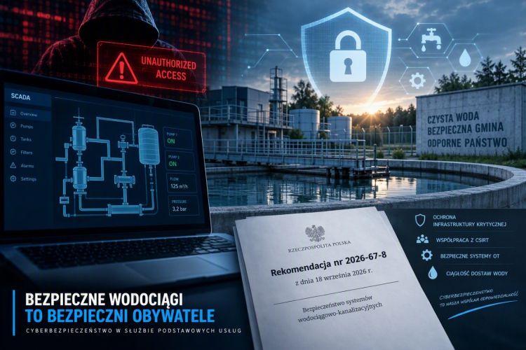 Obraz przedstawia zagrożenia cybernetyczne dla systemów wodociągowych oraz znaczenie ochrony infrastruktury krytycznej i systemów sterowania (SCADA).