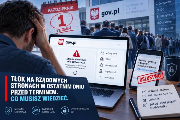Obraz przedstawia przeciążenie rządowych serwisów przed ważnym terminem oraz ostrzeżenie przed oszustwami i fałszywymi wiadomościami.