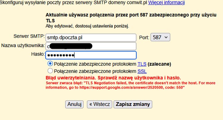 Obraz przedstawia konfigurację serwera SMTP z błędem uwierzytelniania i problemem z certyfikatem TLS serwera pocztowego.