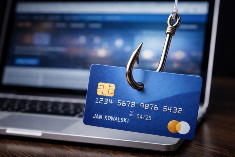 Zdjęcie przedstawia kartę płatniczą zawieszoną na haczyku phishingowym przed laptopem. Symbolizuje zagrożenia cyberprzestępczością, wyłudzaniem danych bankowych oraz oszustwami internetowymi.