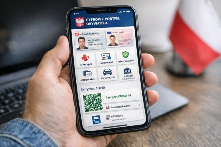 Zdjęcie przedstawia smartfon z otwartą aplikacją „Cyfrowy Portfel Obywatela”. Na ekranie widoczne są cyfrowe dokumenty i usługi, takie jak e-dowód, prawo jazdy, e-recepta czy certyfikat COVID, co symbolizuje cyfryzację usług publicznych i elektroniczną tożsamość obywatela.