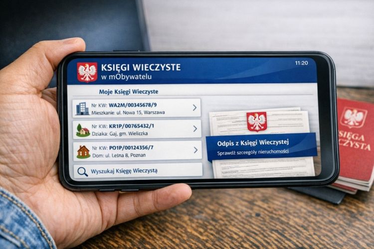 Obraz przedstawia dłoń trzymającą smartfon z wyświetloną aplikacją dotyczącą ksiąg wieczystych („Księgi Wieczyste w mObywatelu”). Na ekranie widoczne są wpisy nieruchomości i opcja wyszukiwania księgi wieczystej, a w tle leżą dokumenty lub książeczki związane z księgą wieczystą.