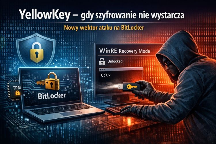 Obraz przedstawia grafikę związaną z cyberbezpieczeństwem i atakiem na szyfrowanie BitLocker. Widać zamaskowaną osobę przy komputerze, ekran z trybem odzyskiwania WinRE oraz symbole kłódek i klucza USB. Grafika sugeruje zagrożenie dla zabezpieczeń danych i nowy sposób ataku nazwany „YellowKey”.